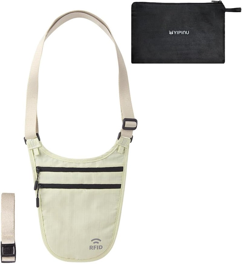 YIPINU Crossbody Money Belt for Travel Women & Men Hidden, Travel Wallet Pouch - Slim Passport Holde, RFID Blocking Neck Wallet Under Clothes to Protect Cash, Credit Cards and Documents (KHAKI) - Image 1